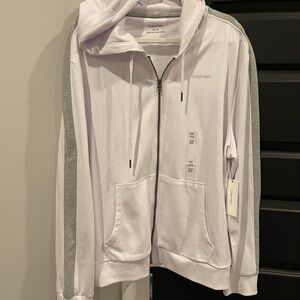 Mens Calvin Klein White W/ Gray Sleeve Stripe Full Zip Hooded Sweatshirt XXL